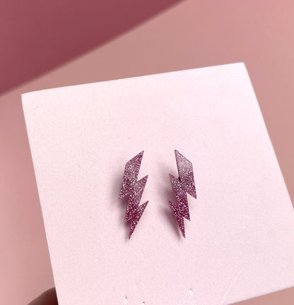 Pink Glitter Lightning Bolt Acrylic Stud Earrings