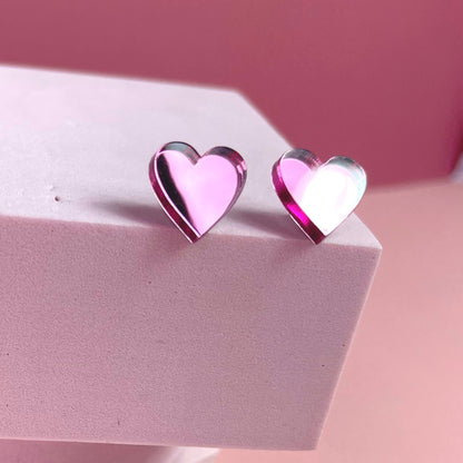 Pink Mirror Love heart Stud Earrings