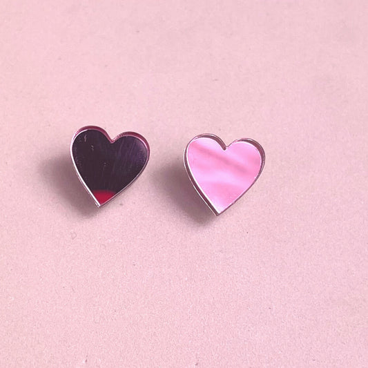 Pink Mirror Love heart Stud Earrings